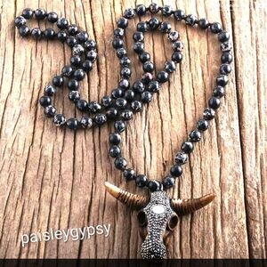 Black Beaded Necklace with Bull Skull Pendant